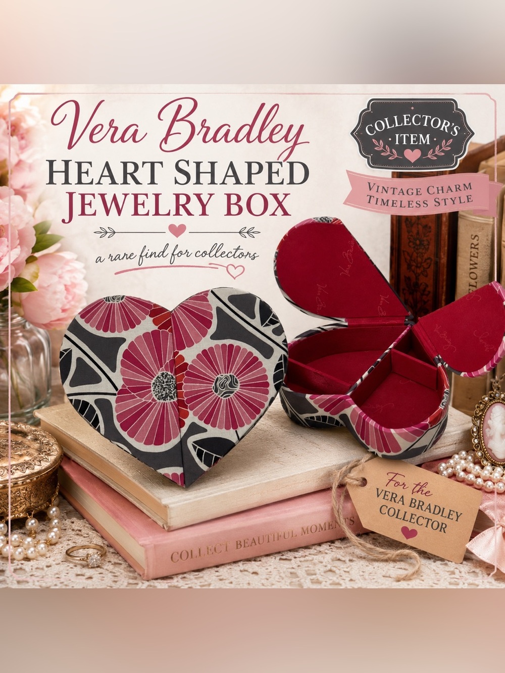 Vera Bradley Heart Shaped Folding Jewelry Box Organizer Pink Floral Travel Case